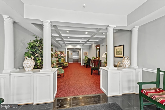 corridor featuring decorative columns, coffered ceiling, beam ceiling, and recessed lighting