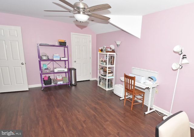 office area with a ceiling fan, baseboards, and wood finished floors