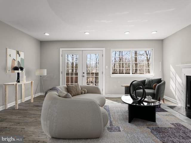 living room featuring french doors, baseboards, wood finished floors, and a fireplace