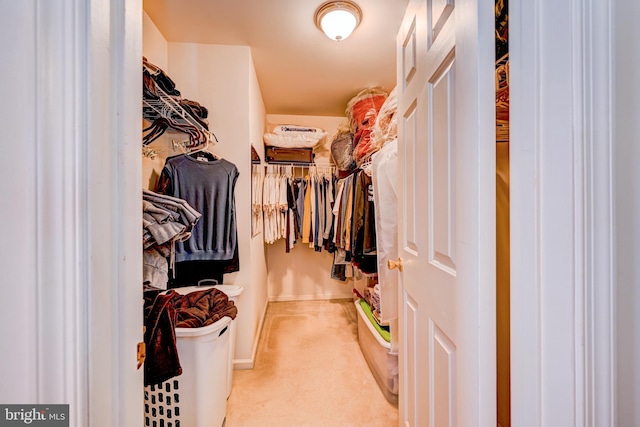 walk in closet featuring light carpet