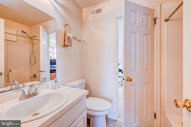 bathroom featuring shower / bathtub combination, visible vents, toilet, vanity, and tile patterned flooring