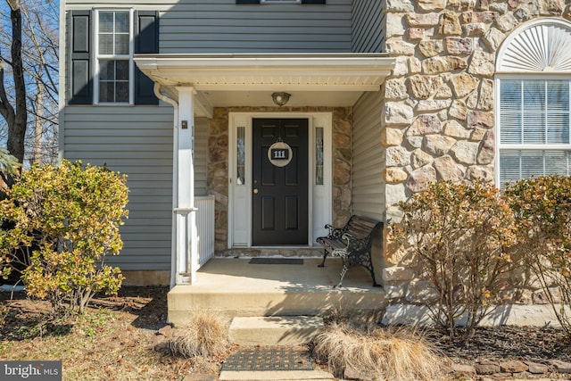 property entrance with stone siding