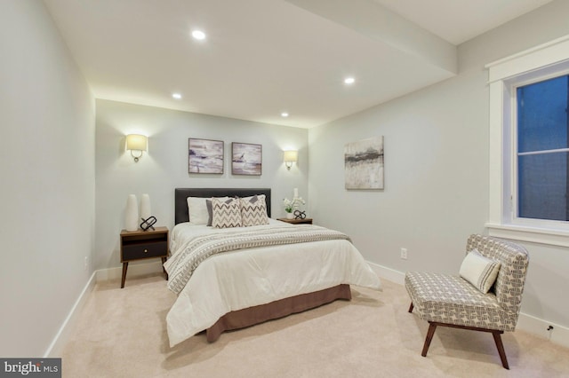 carpeted bedroom with recessed lighting and baseboards