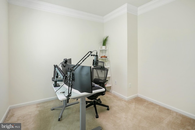 home office featuring ornamental molding, carpet, and baseboards