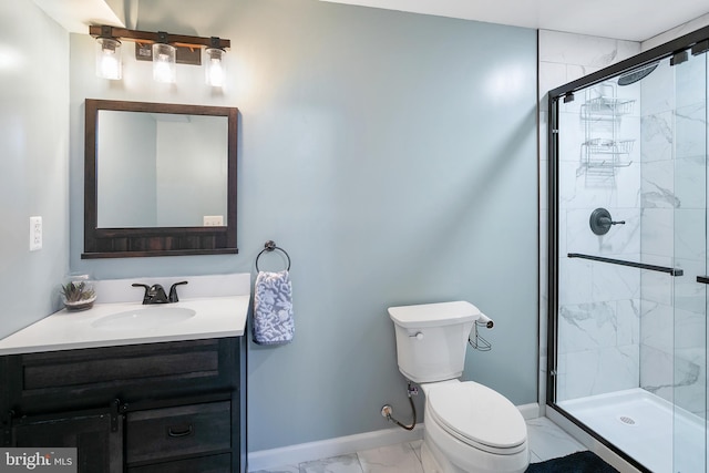 full bath with toilet, a shower stall, marble finish floor, and baseboards