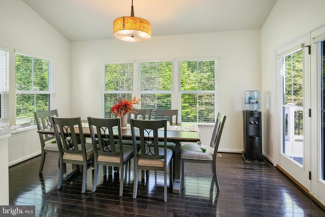 dining area with dark wood finished floors, baseboards, a wealth of natural light, and lofted ceiling