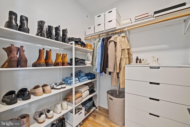 spacious closet featuring light hardwood / wood-style floors and lofted ceiling