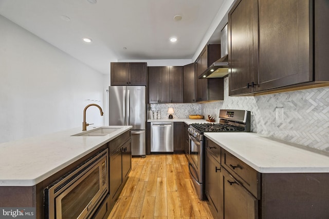 kitchen featuring light hardwood / wood-style flooring, sink, stainless steel appliances, wall chimney exhaust hood, and tasteful backsplash