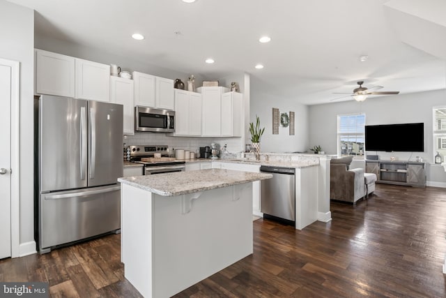 kitchen featuring dark wood-type flooring, tasteful backsplash, open floor plan, stainless steel appliances, and a peninsula