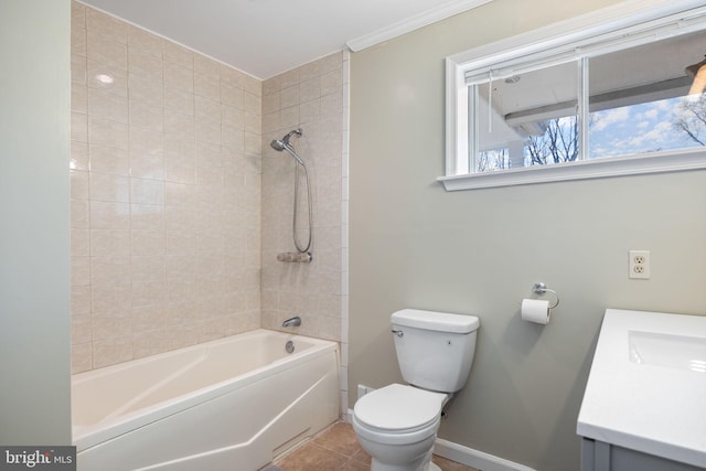 full bath with vanity, baseboards, bathtub / shower combination, tile patterned floors, and toilet