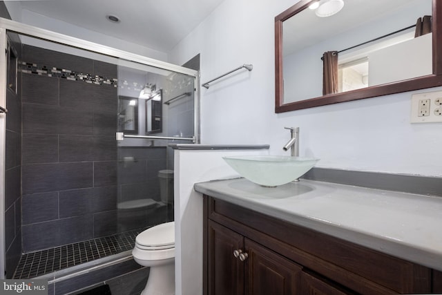 full bathroom with vanity, toilet, and a stall shower