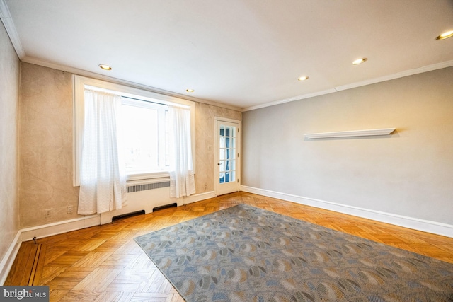 spare room with crown molding, recessed lighting, and baseboards