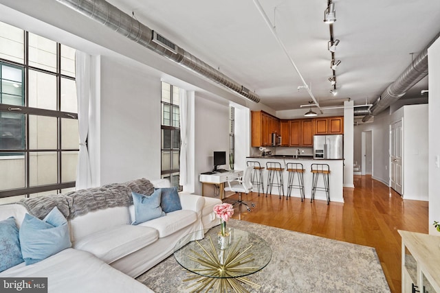 living area featuring rail lighting and light wood-style flooring