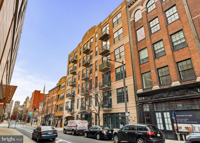 view of building exterior with a city view