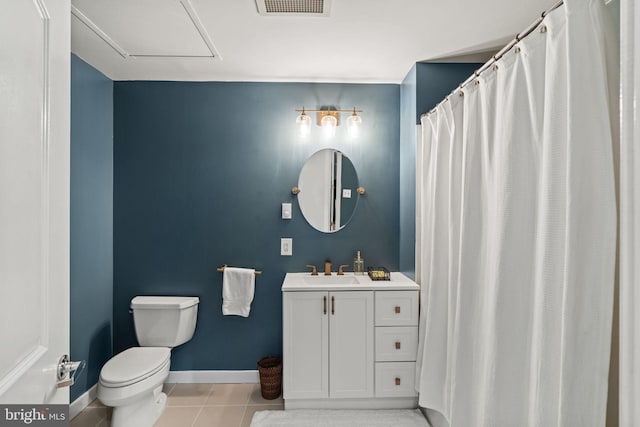 full bath featuring visible vents, toilet, vanity, baseboards, and tile patterned floors