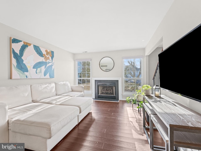 living area featuring a fireplace and dark wood-type flooring