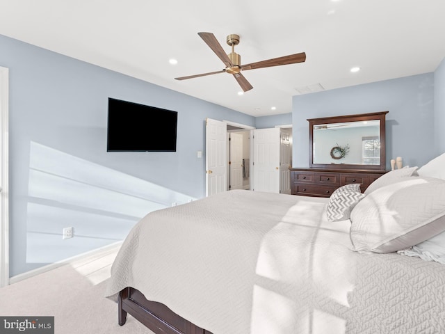 bedroom featuring ceiling fan, carpet flooring, and recessed lighting