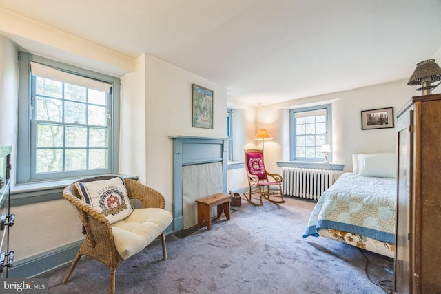 bedroom with radiator and carpet floors
