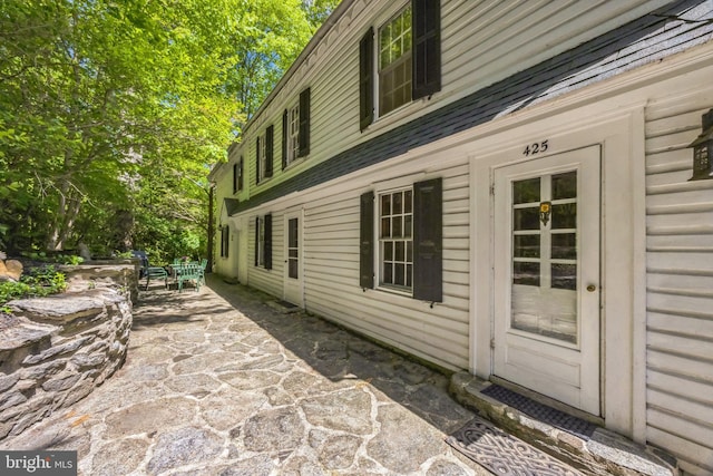 view of property exterior with a patio area and roof with shingles