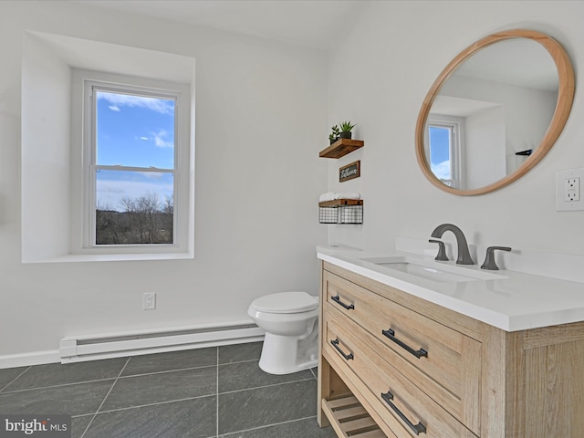 bathroom with tile patterned floors, toilet, vanity, and baseboard heating