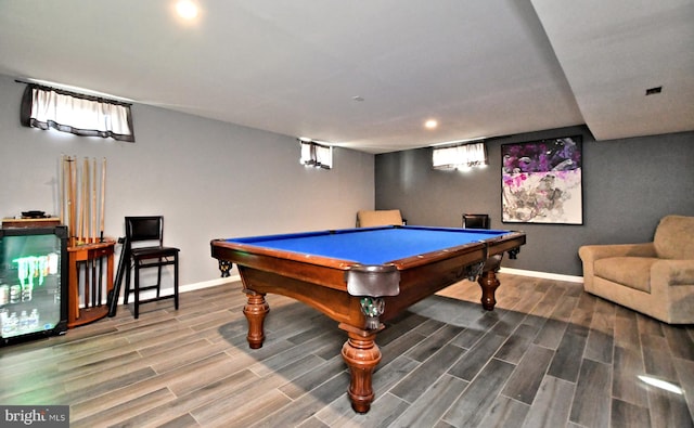 rec room featuring pool table, wood finish floors, recessed lighting, and baseboards