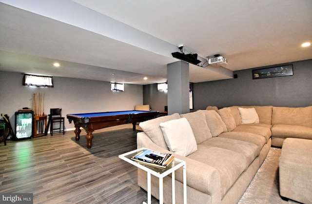 recreation room with baseboards, pool table, wood finished floors, and recessed lighting