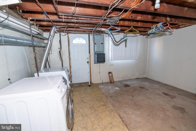 below grade area featuring electric panel and washer and dryer