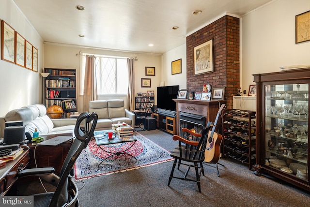 carpeted office featuring crown molding