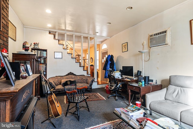 living room with crown molding and a wall mounted air conditioner