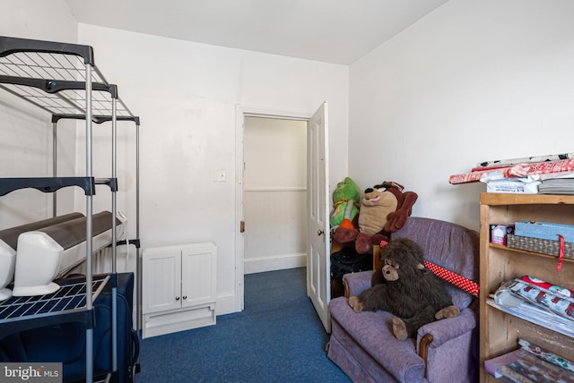 interior space featuring dark colored carpet