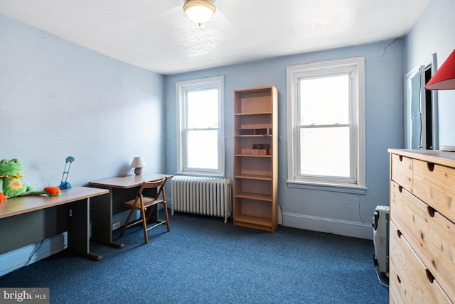 carpeted office space with radiator