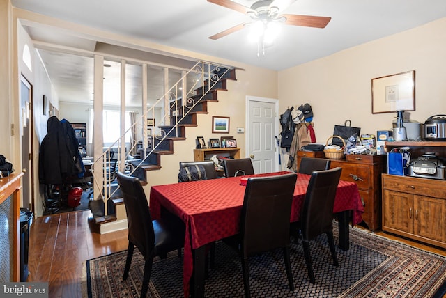 dining area with ceiling fan and dark wood-type flooring