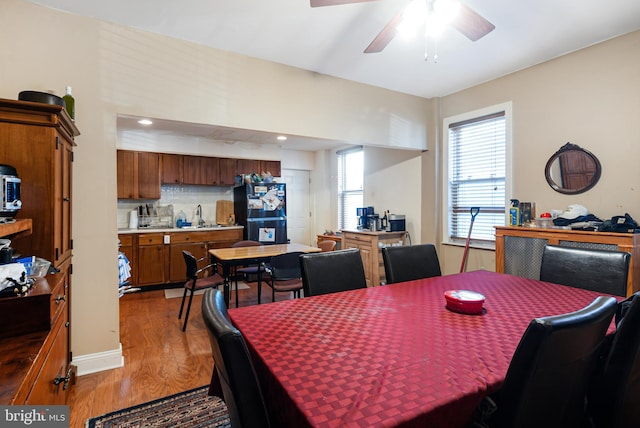 dining area featuring sink, ceiling fan, and light hardwood / wood-style floors