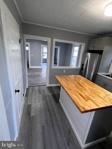 437 Willis St, Cambridge, MD 21613 - kitchen featuring baseboards, wooden counters, dark wood-type flooring, and stainless steel fridge