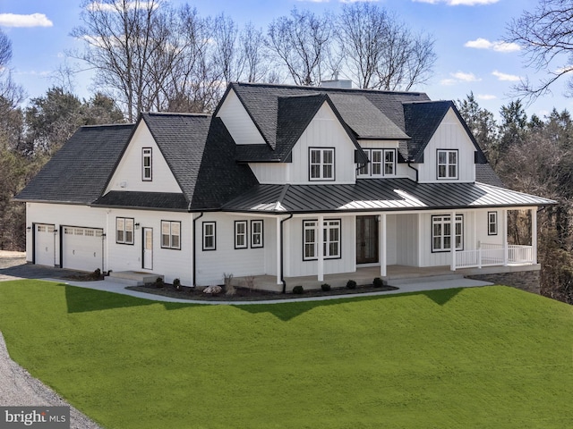 modern farmhouse style home with a shingled roof, covered porch, board and batten siding, a standing seam roof, and a front lawn