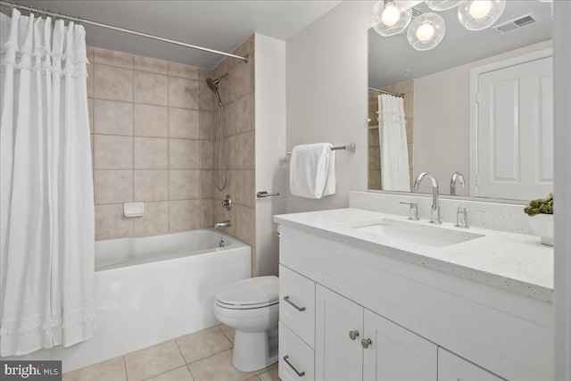 bathroom with shower / tub combo with curtain, visible vents, toilet, vanity, and tile patterned floors