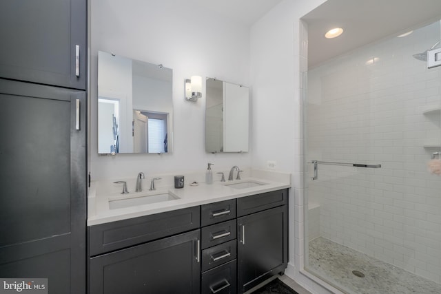 bathroom featuring a sink, a shower stall, and double vanity