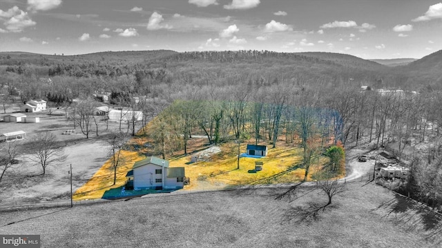 drone / aerial view featuring a mountain view