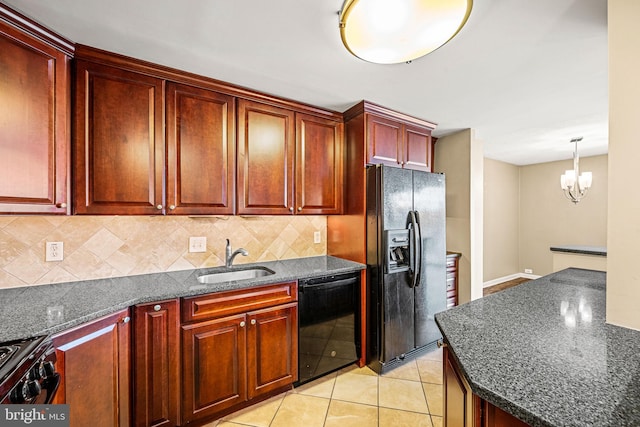 kitchen with an inviting chandelier, light tile patterned floors, sink, black appliances, and tasteful backsplash