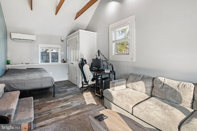 bedroom featuring a wall unit AC, dark wood-type flooring, high vaulted ceiling, and beam ceiling