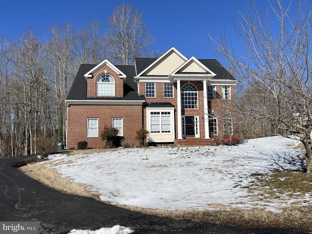 neoclassical home with brick siding