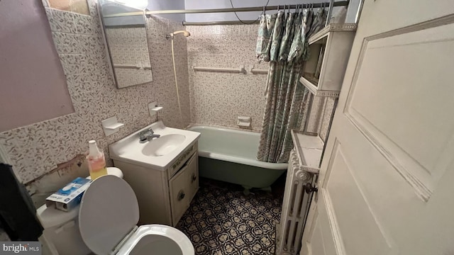 full bathroom with vanity, toilet, shower / bath combo, and radiator heating unit