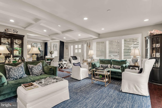 living room with recessed lighting, beam ceiling, and wood finished floors