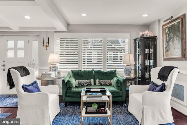 living room with recessed lighting and wood finished floors