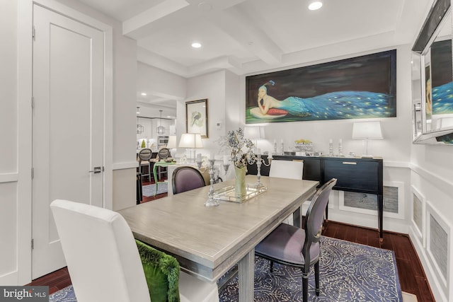 dining area featuring recessed lighting, beam ceiling, visible vents, and wood finished floors