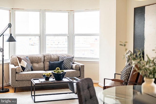 living area with wood finished floors and baseboards