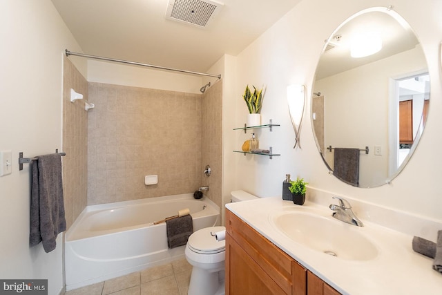 full bath featuring shower / bathtub combination, tile patterned flooring, toilet, vanity, and visible vents