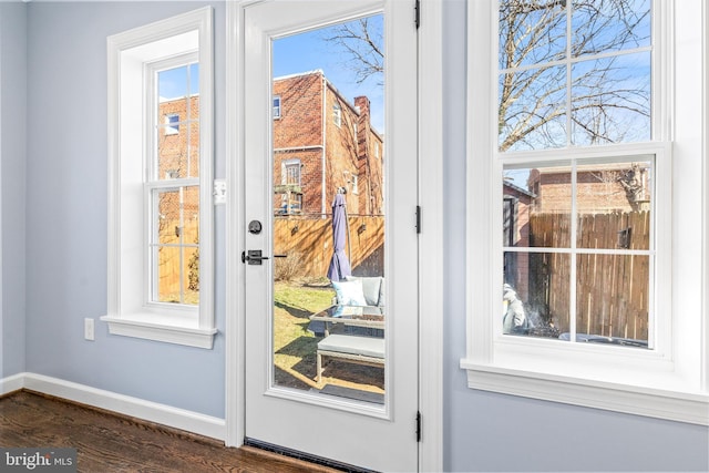 entryway featuring a wealth of natural light, dark wood finished floors, and baseboards