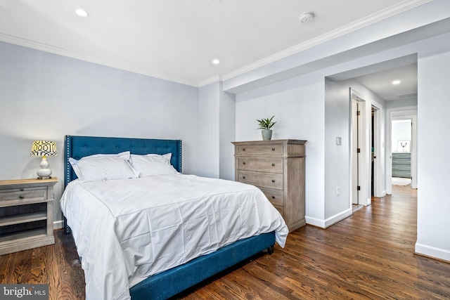 bedroom with ornamental molding, dark wood-style flooring, recessed lighting, and baseboards