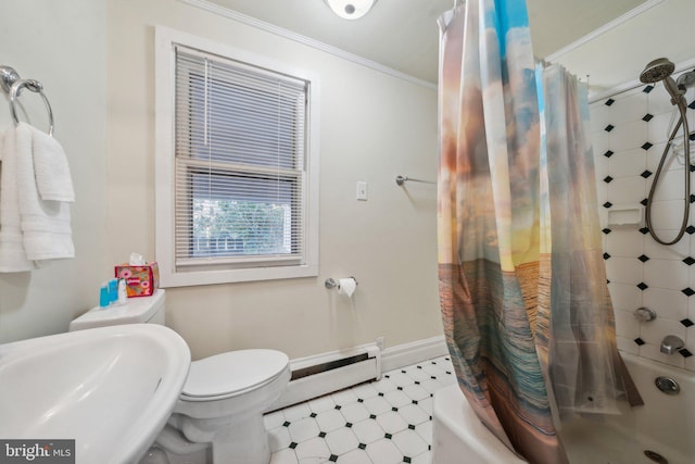 full bathroom with sink, baseboard heating, crown molding, and shower / tub combo